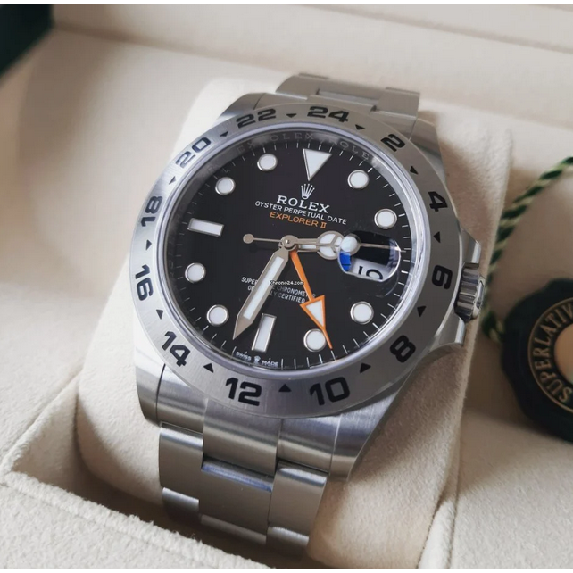 Rolex Explorer II Black Dial Orange Hand Steel